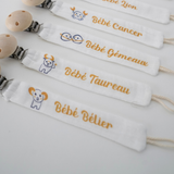 Attache Tétine Gémeaux en tissu, double gaze de coton.