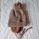 Bonnet d'hiver pour bébé avec cache-oreilles et pompon - Brun